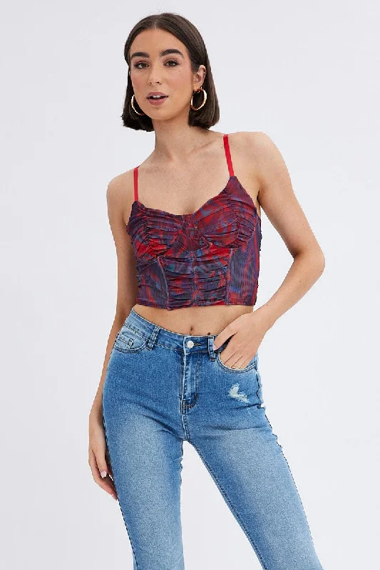 Red Abstract Short Top Sleeveless Abstract Prints