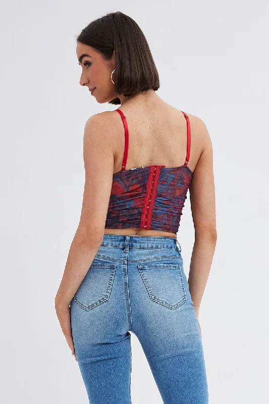 Red Abstract Short Top Sleeveless Abstract Prints