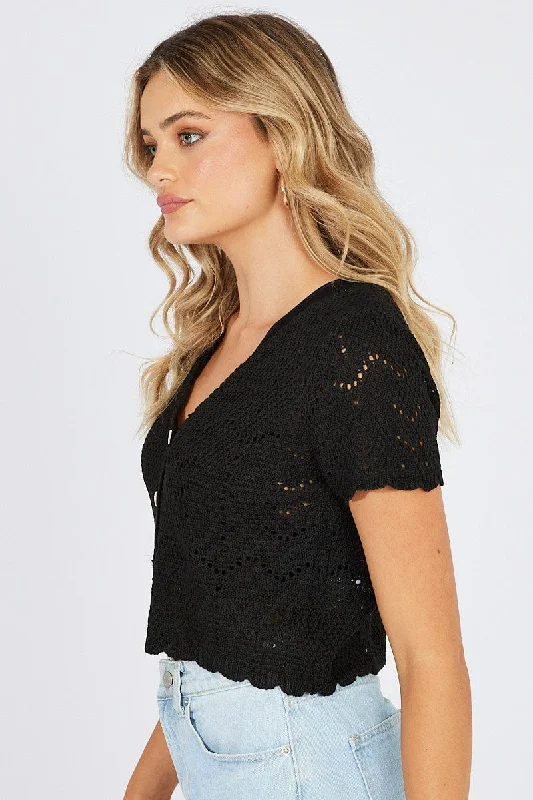 Black Crochet Knit Cardigan Short Sleeve