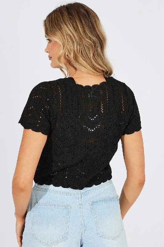 Black Crochet Knit Cardigan Short Sleeve