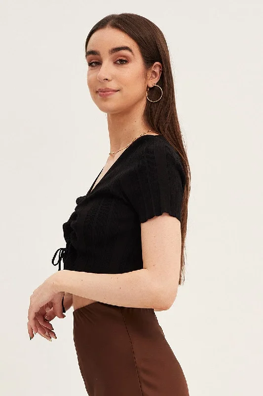 Black Short Sleeve Ruched Knit Top