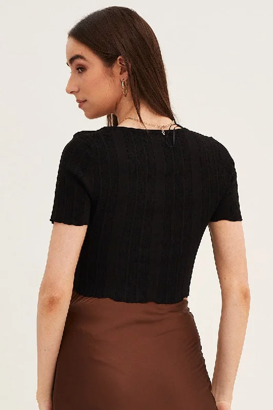 Black Short Sleeve Ruched Knit Top