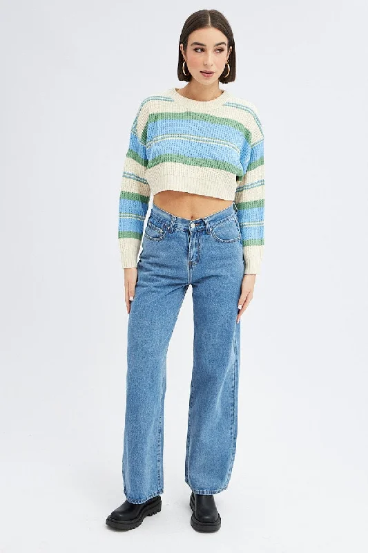 Blue Stripe Knit Jumper Long Sleeve Crop