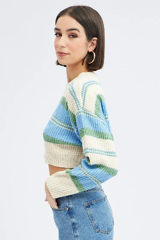 Blue Stripe Knit Jumper Long Sleeve Crop