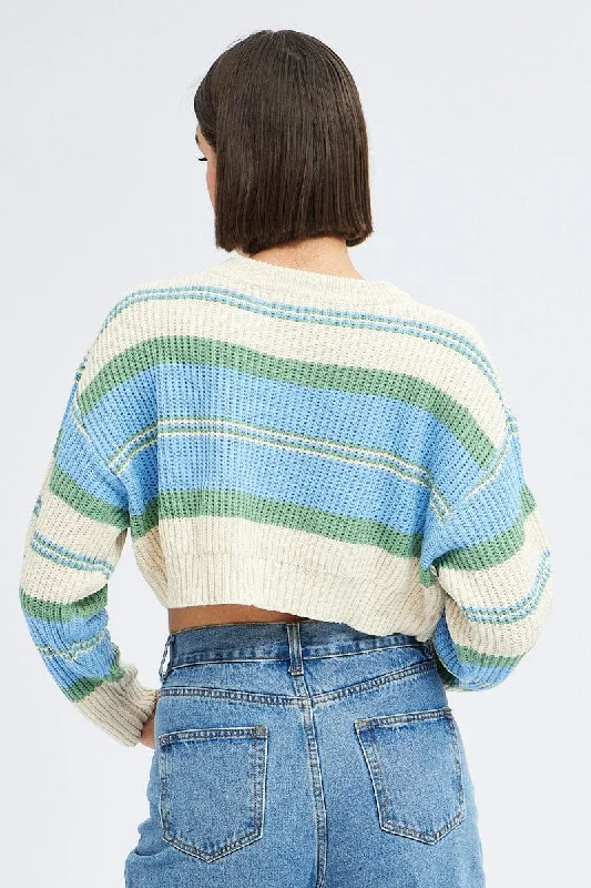 Blue Stripe Knit Jumper Long Sleeve Crop