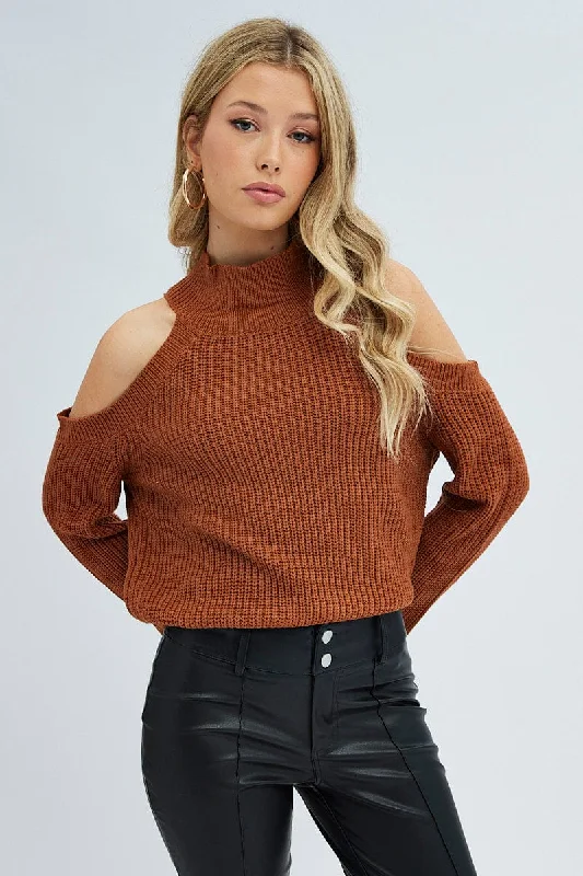 Brown Knit Top Long Sleeve Cut Out