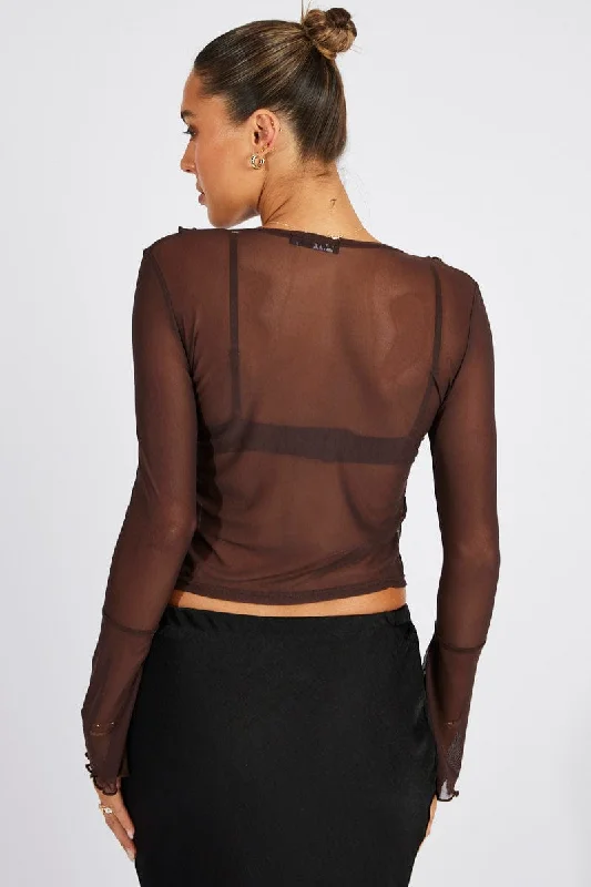 Brown Mesh Cardigan Long Sleeve