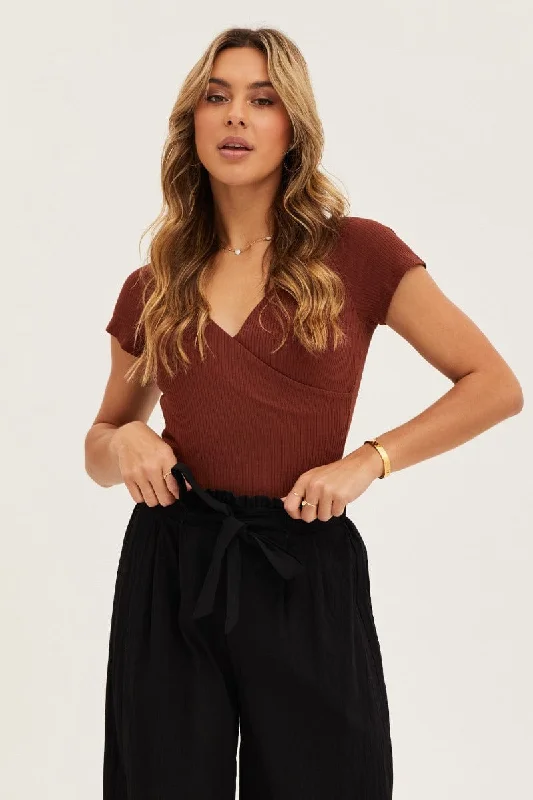 Brown Off Shoulder Rib Bodysuit