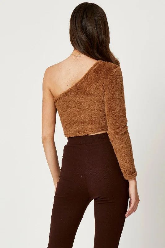 Brown One Shoulder Fluffy Knit Top