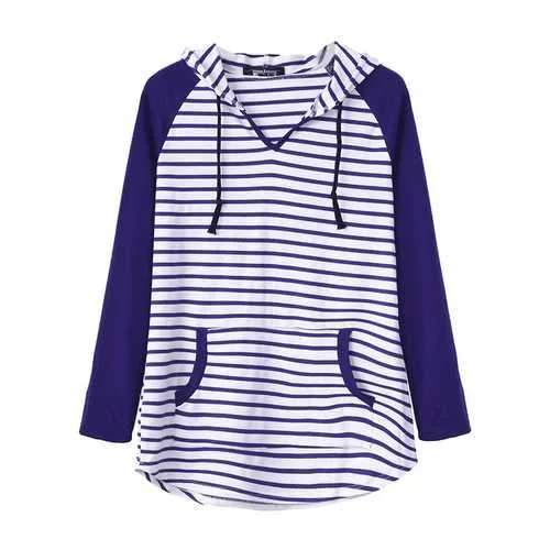 Casual Women Casual Loose V-Neck Hooded Striped Blouse