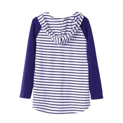 Casual Women Casual Loose V-Neck Hooded Striped Blouse