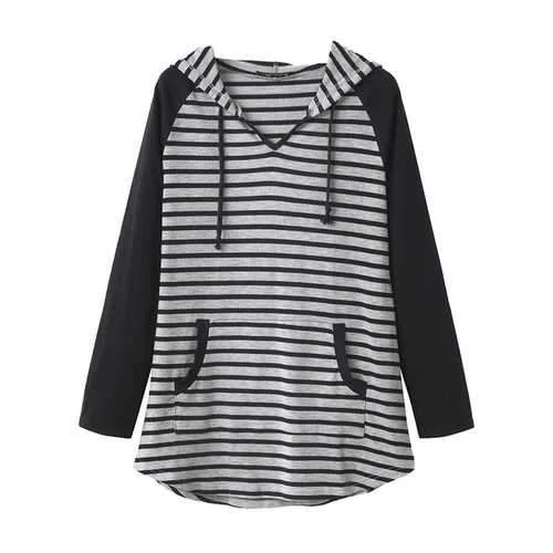 Casual Women Casual Loose V-Neck Hooded Striped Blouse