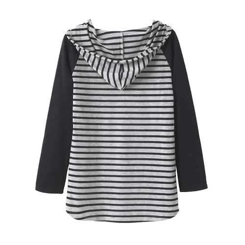 Casual Women Casual Loose V-Neck Hooded Striped Blouse