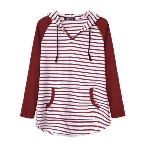 Casual Women Casual Loose V-Neck Hooded Striped Blouse