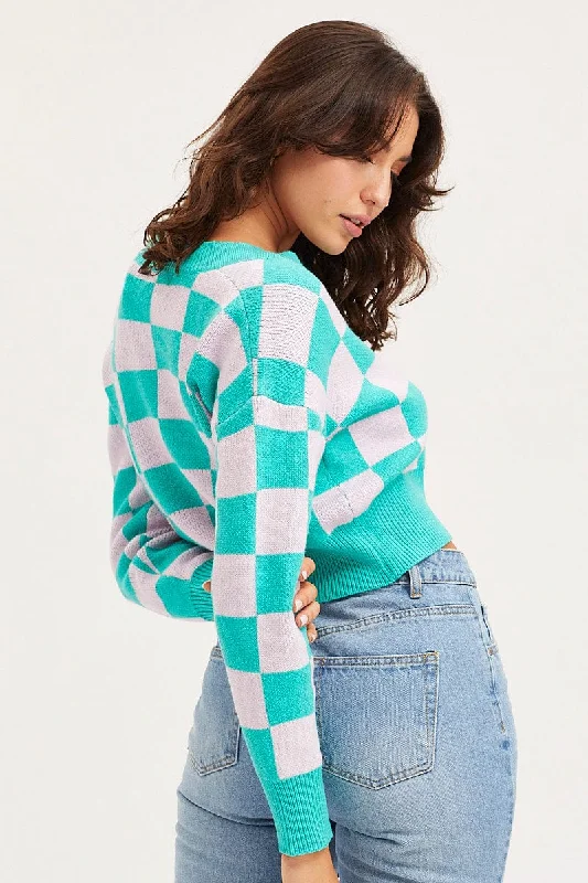 Check Knit Cardigan Long Sleeve Crop V-Neck