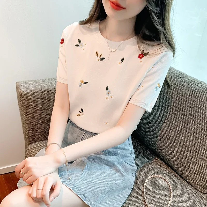 Embroidered Short-Sleeved T-shirt Ice Silk Knitted Top