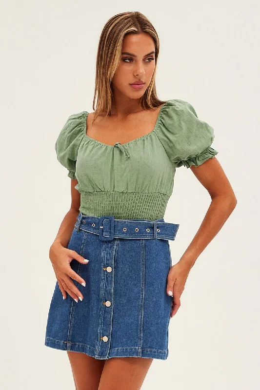 Green Bodysuit Short Sleeve Sweetheart Shirred Waist