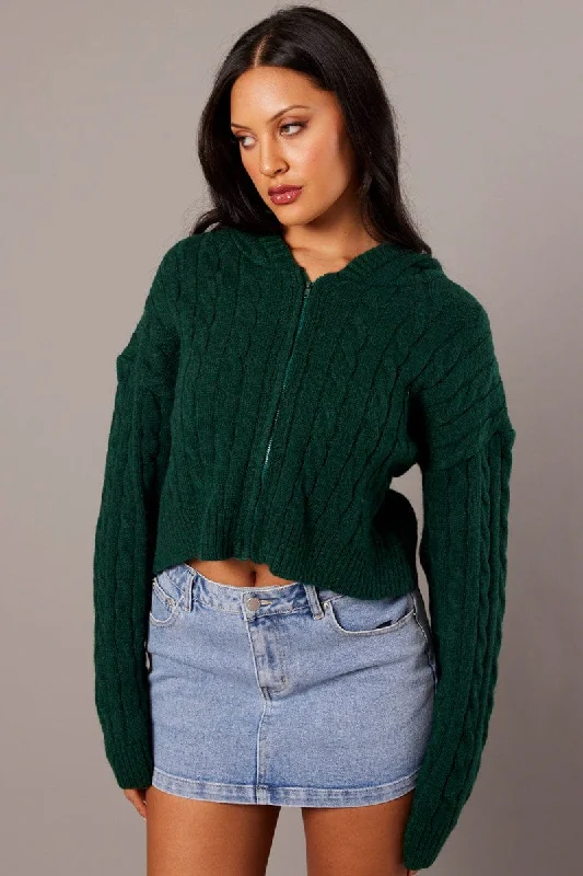 Green Hooded Cardigan Long Sleeve Cable Knit Zip Up