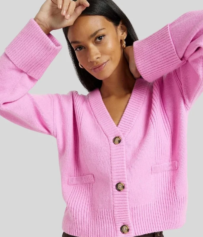 Pink Contrast Ribbed Cardigan