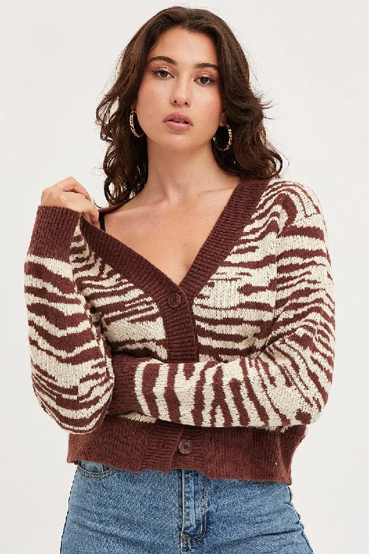 Print Knit Cardigan Long Sleeve Crop