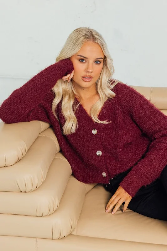 Red Fluffy Knit Cardigan Long Sleeve V Neck