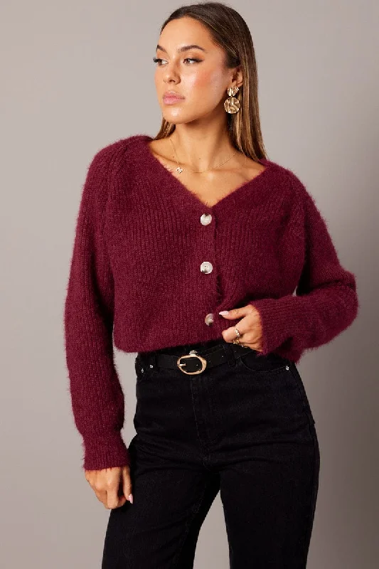 Red Fluffy Knit Cardigan Long Sleeve V Neck