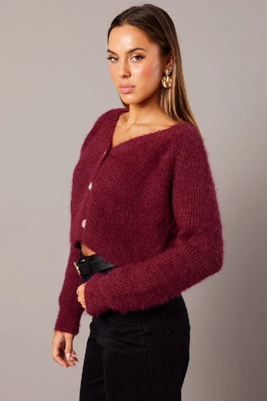 Red Fluffy Knit Cardigan Long Sleeve V Neck