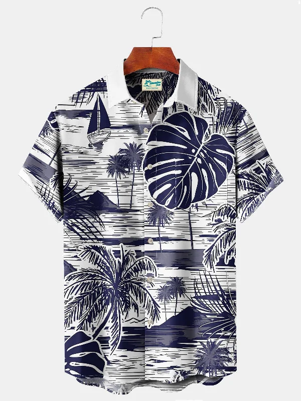 Beach Vacation Men's White Hawaiian Shirts Coconut Tree Island Art Stretch Plus Size Aloha Camp Pocket Shirts