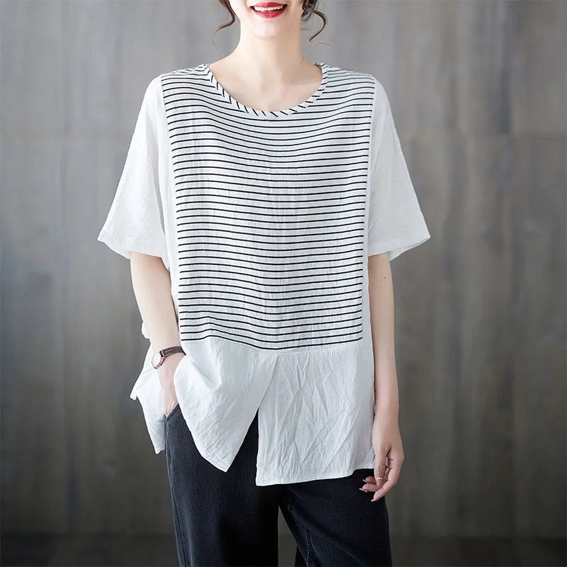 Short Sleeve Striped Cotton-Blend Shirts & Tops