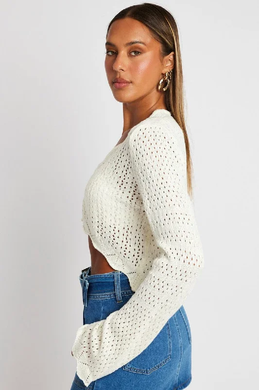 White Crochet Cardigan V Neck Cropped