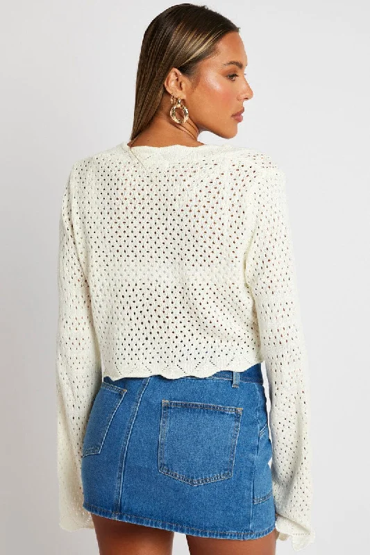 White Crochet Cardigan V Neck Cropped