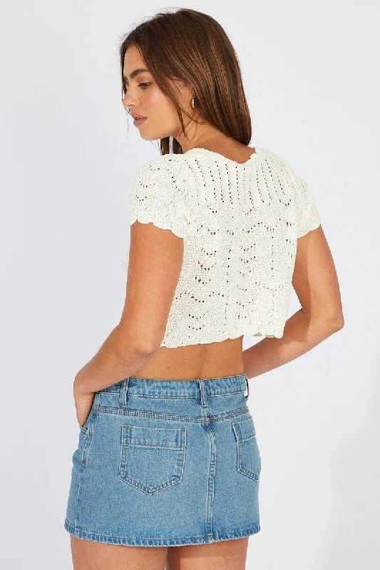 White Crochet Knit Cardigan Short Sleeve