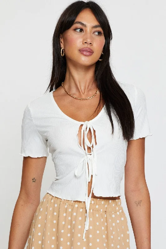 White Crop Cardigan Short Sleeve Tie Front