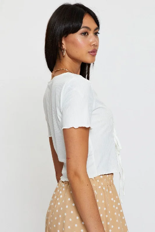 White Crop Cardigan Short Sleeve Tie Front