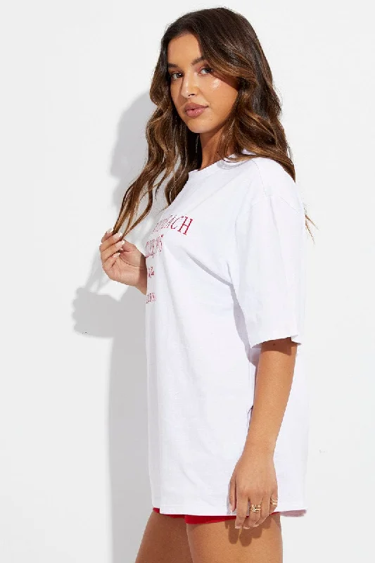 White Embroidered T-Shirt Short Sleeve Oversized