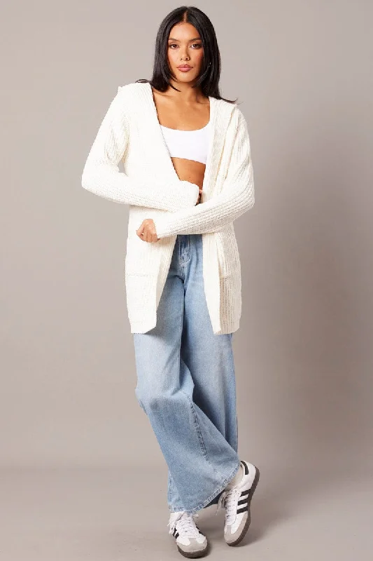 White Knit Cardigan Hooded Longline Chenille