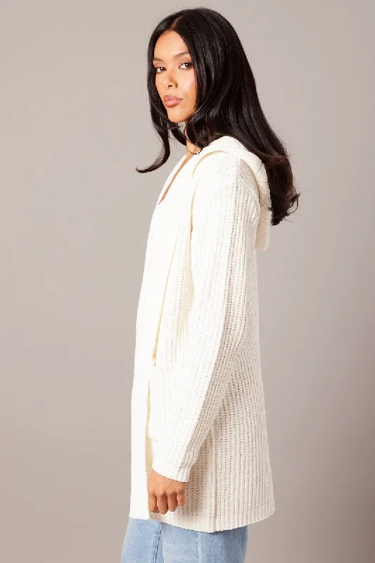 White Knit Cardigan Hooded Longline Chenille