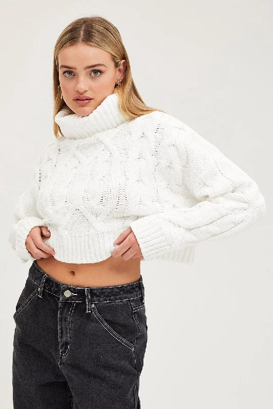 White Knit Top Long Sleeve Crop Turtleneck