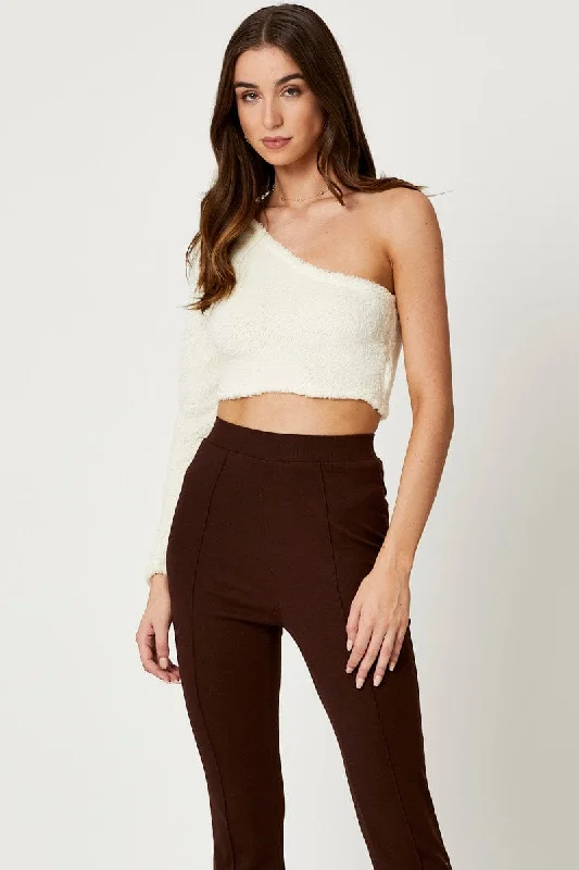 White One Shoulder Fluffy Knit Top