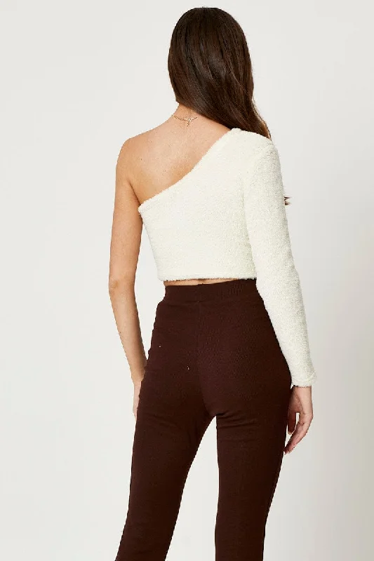 White One Shoulder Fluffy Knit Top