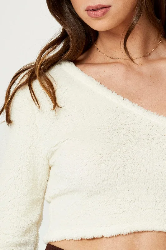 White One Shoulder Fluffy Knit Top