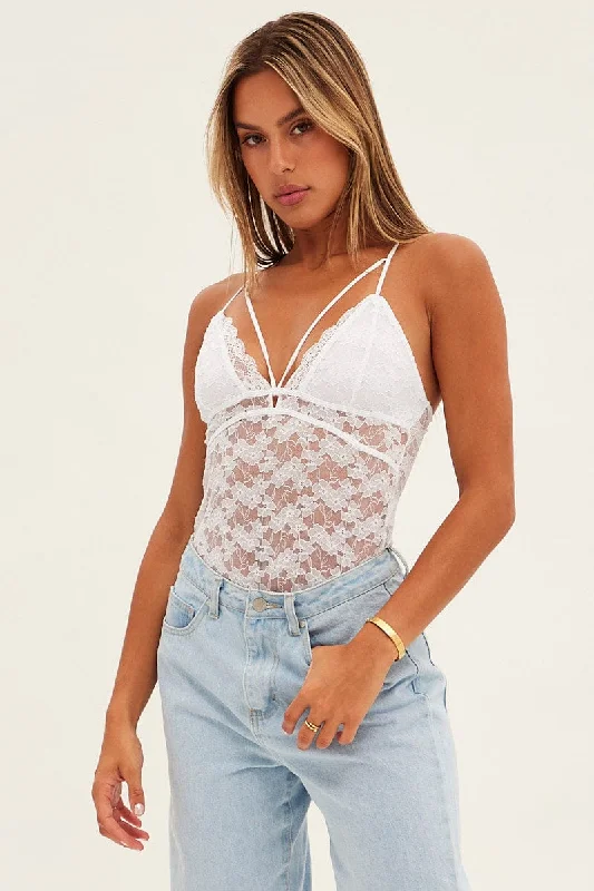 White Sleeveless Bodysuit V-Neck Lace