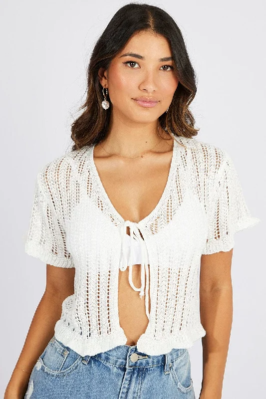 White Tie Up Cardigan Short Sleeve