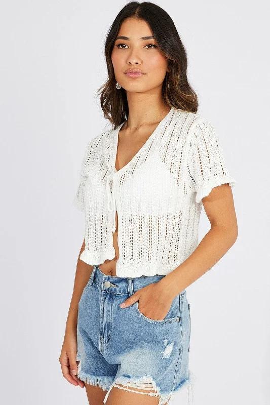 White Tie Up Cardigan Short Sleeve